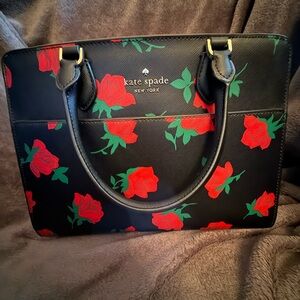 kate spade black tote with red rose print